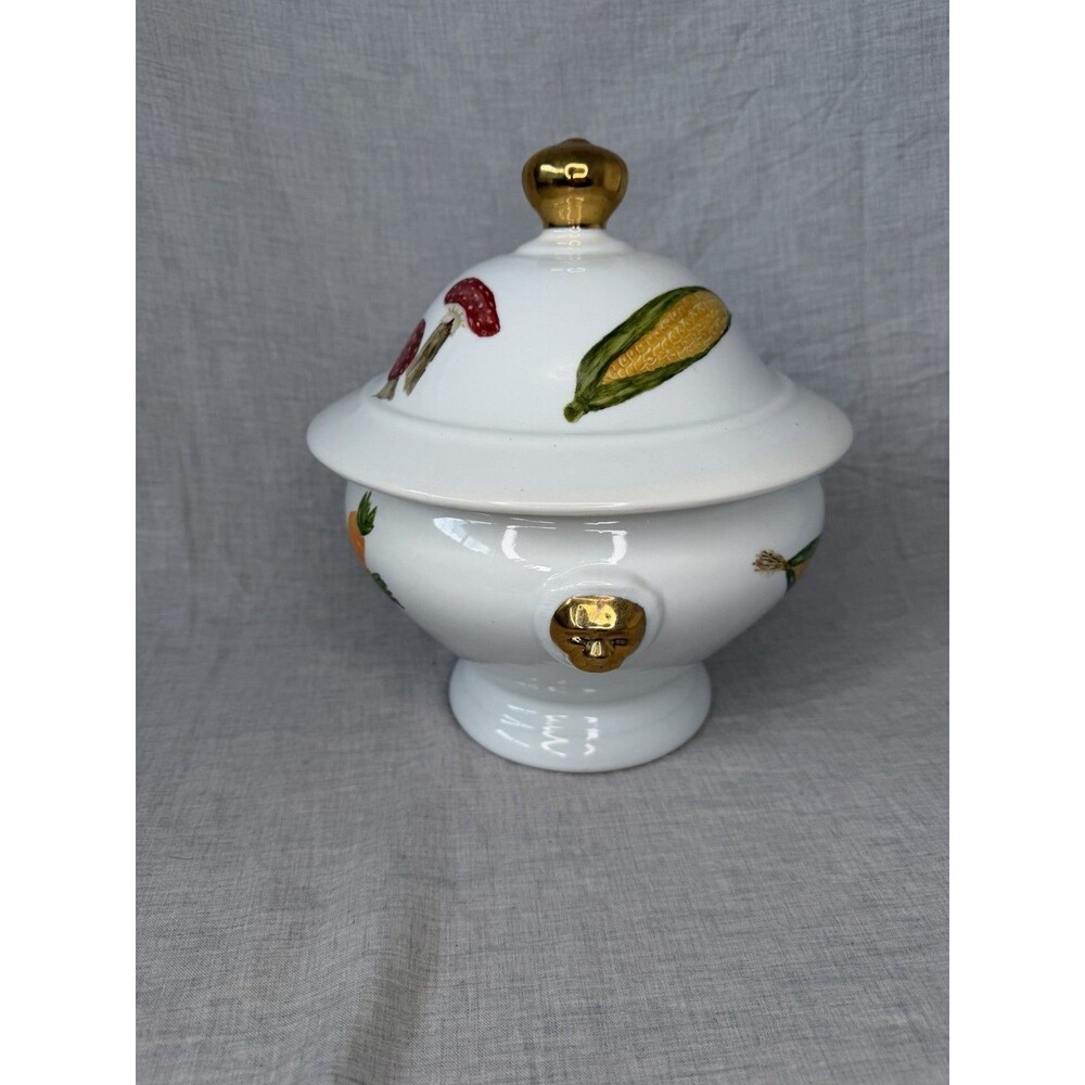Hand Painted Tureen Lions Head Vegetables Mushroom Corn Carrot Soup Gold Beans